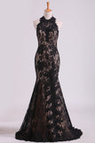 Black Halter Prom Dresses Mermaid Lace Floor Length Open Back