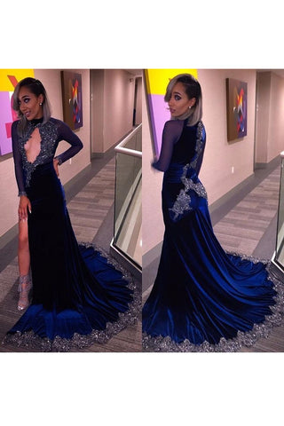 Prom Dresses Mermaid High Neck Long Sleeves Velvet With Beading