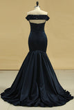 Mermaid V Neck Prom Dresses Satin Beads&Sequince Sweep/Brush Train