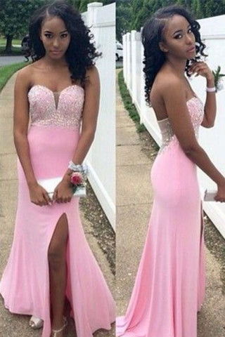 Sweetheart Beaded Bodice Spandex With Slit Sheath Prom Dresses