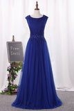 A Line Scoop Tulle With Beading Prom Dresses Floor Length