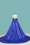 Court Train Ball Gown Spaghetti Straps Satin With Applique Prom Dresses