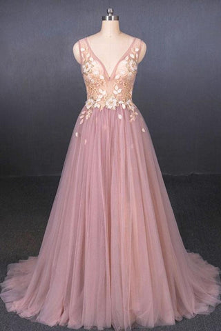 V Neck Sleeveless Tulle Prom Dress With Appliques, A Line Tulle Evening Dress