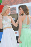 Scoop Prom Dresses A Line Beaded Bodice Chiffon Sweep Train