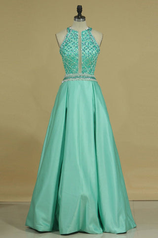 Satin Prom Dresses Scoop Beaded Bodice Open Back A Line Floor Length