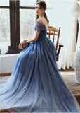 Charming A Line Blue Ombre Tulle Prom Dresses with Open Back, Evening SJS15622