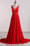 A Line V Neck Prom Dresses Chiffon With Beading Sweep Train