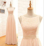 Blush Pink Lace Chiffon Scoop Sleeveless A-Line Zipper Floor-Length Long Bridesmaid Dresses JS34