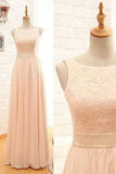 Blush Pink Lace Chiffon Scoop Sleeveless A-Line Zipper Floor-Length Long Bridesmaid Dresses JS34