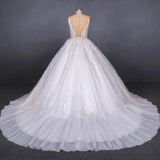 Princess Ball Gown Sheer Neck White Wedding Dresses Lace Appliqued Bridal Dresses SJS15293