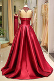 Long Sleeve Prom Dresses High Neck Burgundy Long Prom Dress Satin Evening Dress