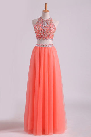 Two-Piece Halter A Line Prom Dresses Beaded Bodice Tulle Floor Length