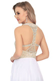 Halter Beaded Bodice Prom Dresses A Line Chiffon Sweep Train