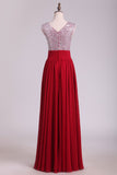 V Neck A Line Sequined Bodice Prom Dresses Chiffon Floor Length