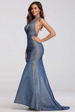 Sexy V Neck Halter Blue Backless Prom Dresses, Cheap Long Party Dresses SJS15365