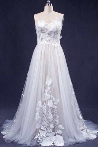 A Line Sweetheart Tulle Appliqued Wedding Dress, Strapless Tulle Bridal Dresses