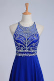 Halter A-Line/Princess Dark Royal Blue Prom Dresses Tulle And Chiffon Sweep Train