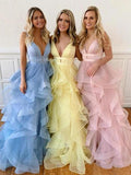 A Line Yellow Multi-layered Polka Dot Organza Prom Dresses Long Sweet 16 SJS20388