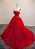 Red Ball Gown Tulle Strapless Generous Floral Fashion Quinceanera Prom Dresses JS548