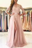 A Line Scoop 3/4 Length Sleeves Tulle With Applique Prom Dresses Sweep Train