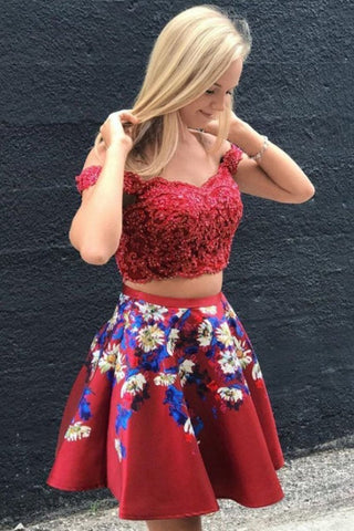 A Line Two Piece Off Shoulder Lace Applique Short Homecoming Dresses