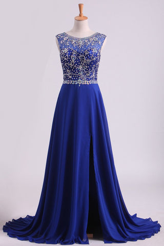 Dark Royal Blue A-Line Bateau Sweep Train Chiffon&Lace Prom Dresses With Slit