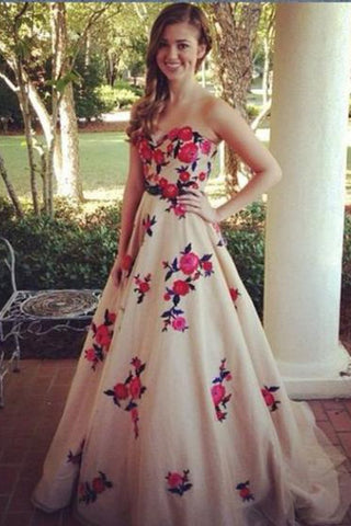 Long Prom Dresses Sweetheart Sweep Train A Line Embroidery Prom Dress Sexy Evening Dress