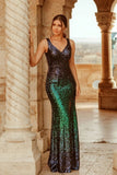 Sexy V Neck Sequin Evening Dress with Thigh High Slit Straps Green Long Prom Dresses SJS15367