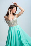 V Neck Prom Dresses A Line Beaded Bodice Sweep Train Chiffon & Tulle