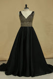 New Arrival A Line V Neck Prom Dresses Satin With Beads&Rhinestones