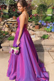 A Line Grape Spaghetti Straps Satin V Neck Long Prom Dresses Backless Evening Dresses SJS15488