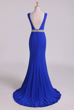 Open Back Column Prom Dresses V Neck Dark Royal Blue Beaded Waistline Sweep Train