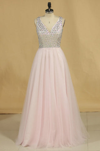 New Arrival Beaded Bodice Open Back V Neck Prom Dresses A Line Tulle