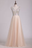 Beaded Bodice V Neck Backless A Line/Princess Prom Dress With Tulle Skirt