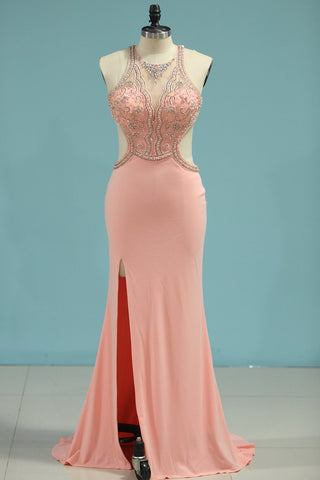 Sexy Open Back Scoop Prom Dresses Mermaid With Beads Spandex