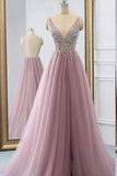 Fantastic Beaded Bodice Prom Dresses A Line Tulle Deep V-Neck