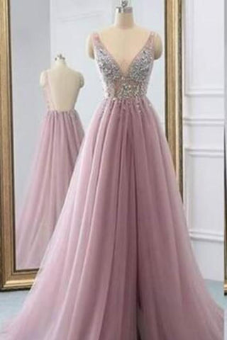 Fantastic Beaded Bodice Prom Dresses A Line Tulle Deep V-Neck