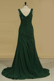 Prom Dress A Line V Neck Column Chiffon With Slit And Beads