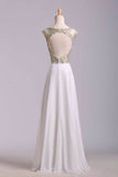 Scoop Neckline Off The Shoulder Prom Dresses White Floor Length Chiffon With Gold Embroidery