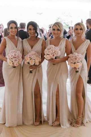 Simple V Neck Sleeveless Sheath Cheap Pleated Long Bridesmaid Dresses With Slit