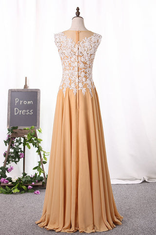 A Line Scoop Prom Dresses Chiffon With Applique Floor Length