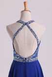 A Line Prom Dresses Halter Beaded Bodice Open Back Sweep Train Chiffon & Tulle Dark Royal Blue