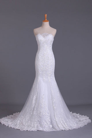 Wedding Dresses Strapless Mermaid Chapel Train With Applique Lace Up