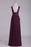 Floor Length V Neck A Line Chiffon With Slit Prom Dresses