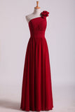 One Shoulder Bridesmaid Dresses Chiffon With Handmade Flower Burgundy/Maroon