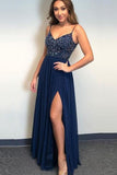 A Line Spaghetti Straps V Neck Chiffon Royal Blue Prom Dresses with Slit Beads Formal Dress SJS15032