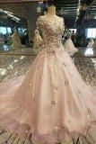 Floral Scoop A-Line Prom Dresses Tulle Lace Up With Appliques And Beadings