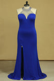 Dark Royal Blue Prom Dresses Sheath Scoop With Beading Sweep Train