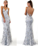 Sexy V-Neck Spaghetti Straps Grey Mermaid Sequined Backless Sleeveless Evening Dresses JS239