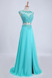 Two Pieces Prom Dresses Bateau Backless A Line Chiffon Sweep Train With Slit